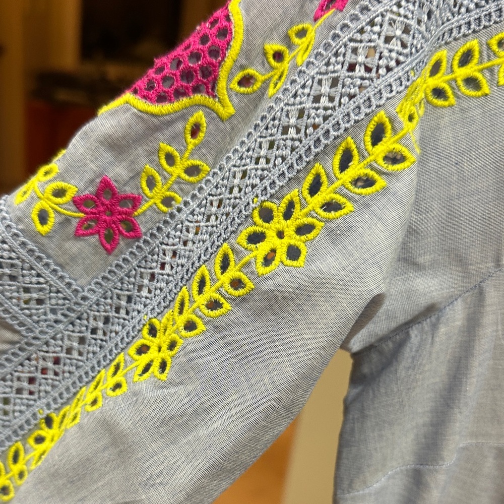 Talbots Light Blue Blouse with Pink and Yellow Embroidery - Picture 4 of 8
